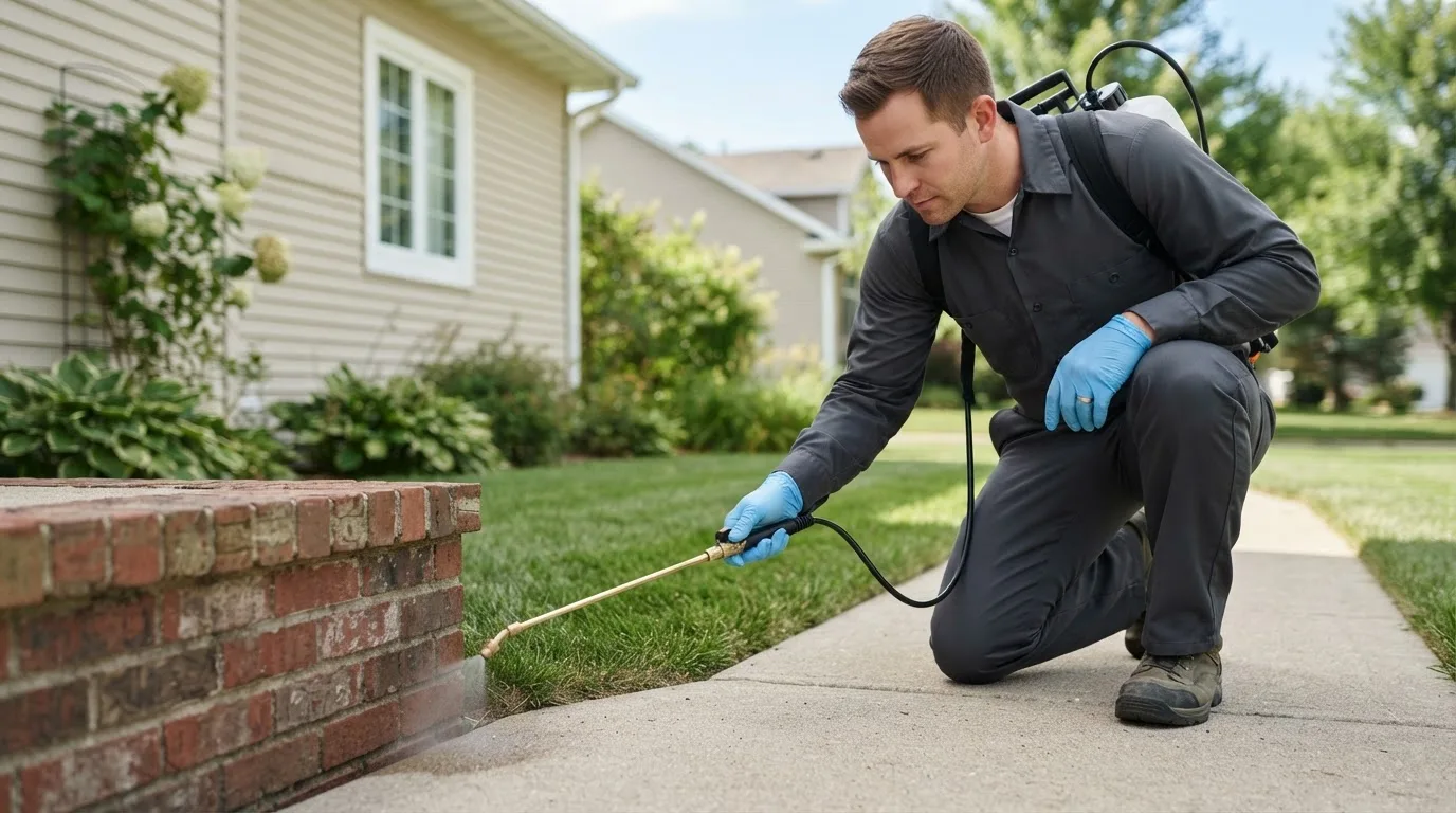 Pest control technician treating a home near Whitinsville, MA
