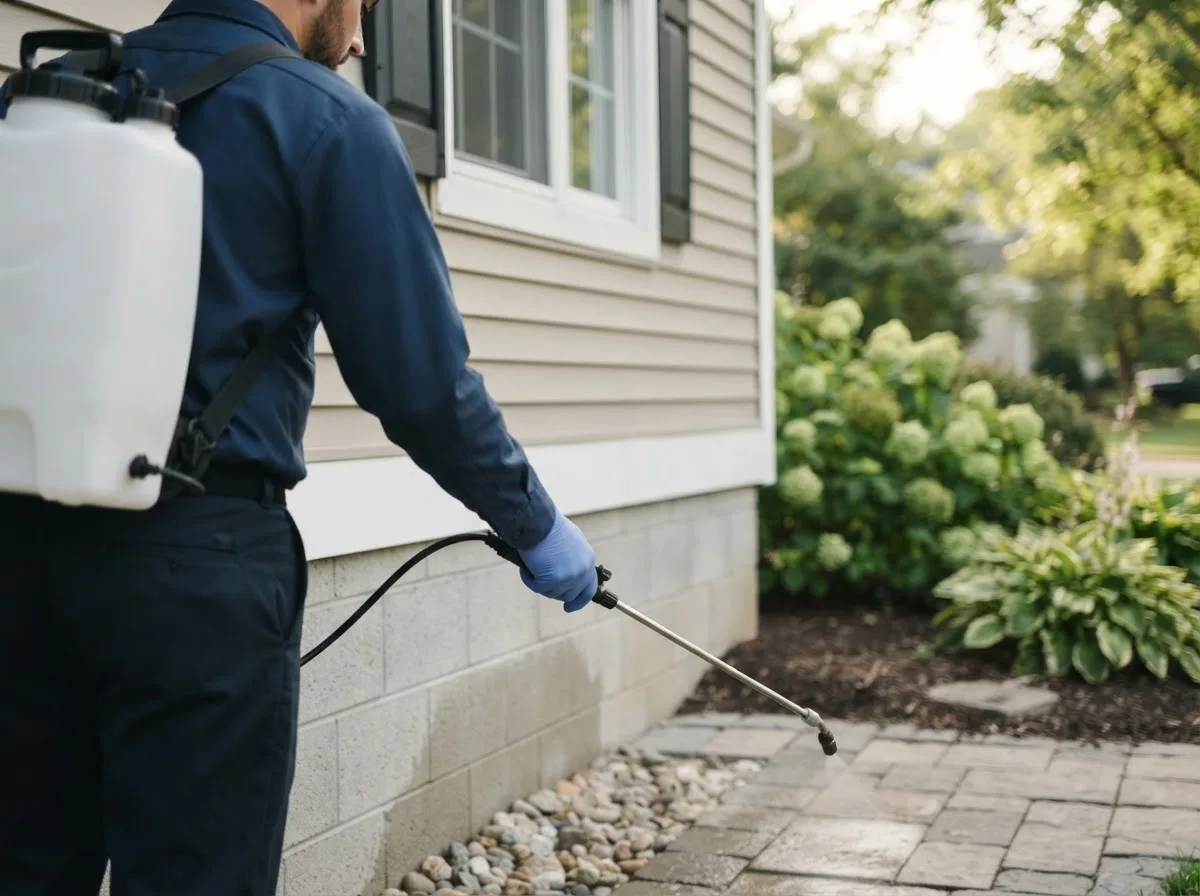 Pest control technician inspecting a home in Whitinsville, MA